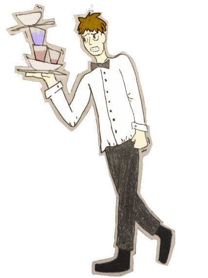 Edwin dressed as a fancy waiter, carrying a pile of dishes that are about to fall